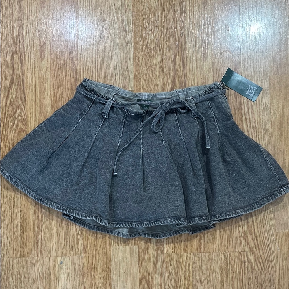 Washed Black Denim Mini Skirt with Tie Waist